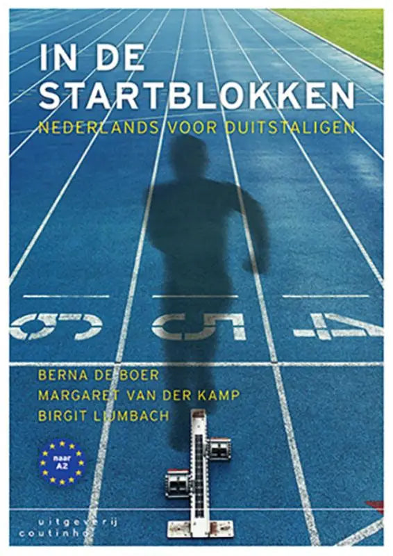 Boekcover In de startblokken met blauwe atletiekbaan, schaduw renner en startblokken