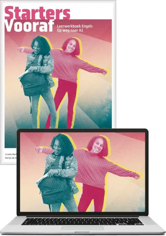 De cover van de starters vooraf engels leerwerkboek met twee lachende vrouwen in roze en turquoise tinten