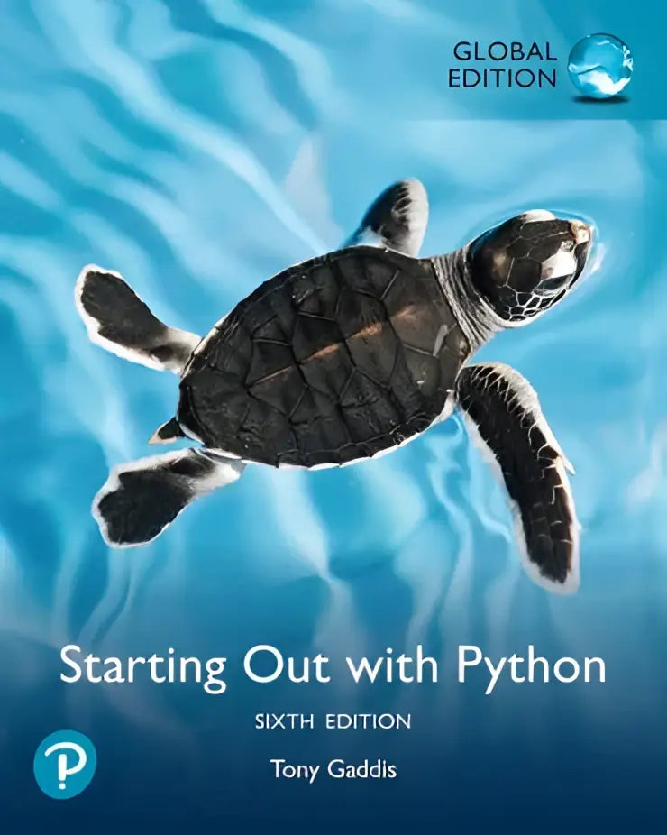 Het boek starting out with python global edition toont een donker schildpad in helder blauw water met auteur tony gaddis