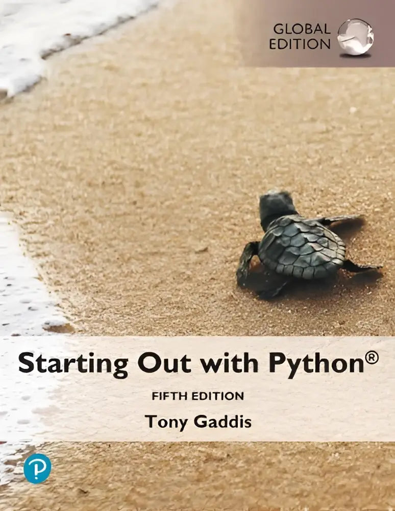 De boekcover van starting out with python toont een kleine donkergrijze schildpad kruipend op een zandstrand nabij het water