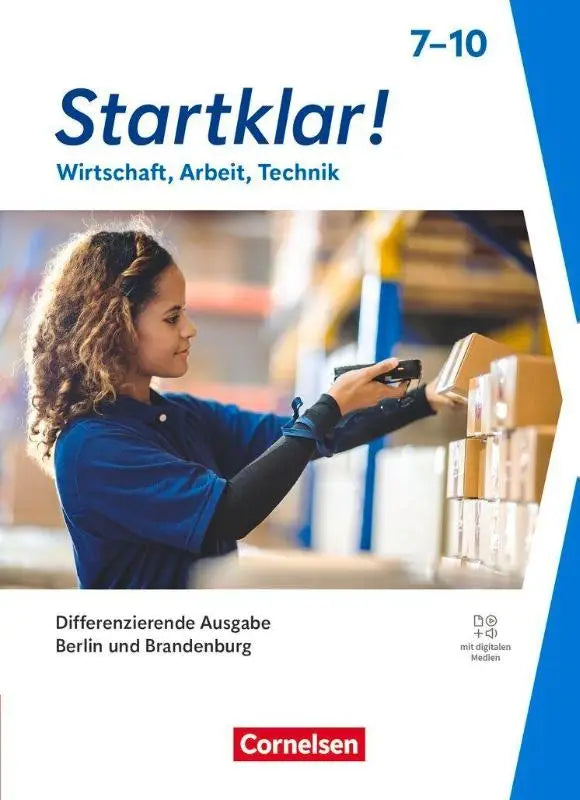 Blauw-wit schoolboek startklar mit digitalen medien mit differenzierende ausgabe met jongedame in blauwe uniform die dozen scant