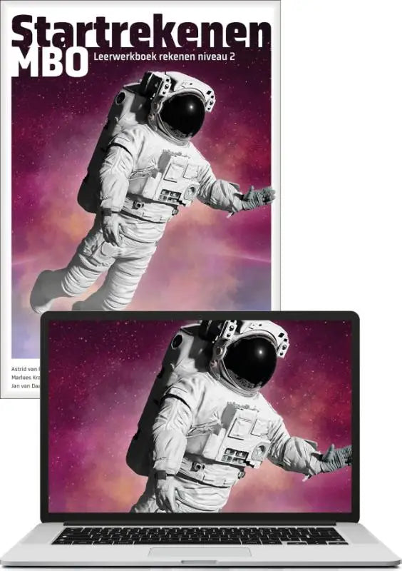 Zilveren laptop met een zwart-wit astronaut afbeelding op het scherm tegen een paars roze kosmische achtergrond voor startrekenen