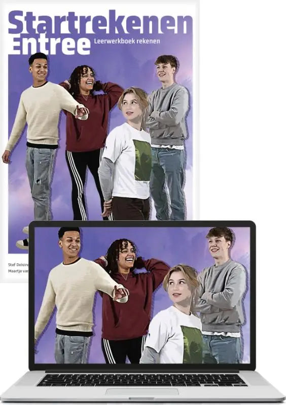 De cover van het startrekenen entree werkboek toont vijf jongeren in casual kleding tegen een paarse achtergrond