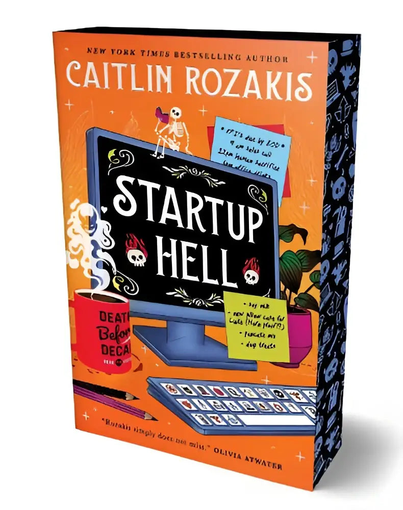 Oranje hardcover boek startup hell door caitlin rozakis met cartoonillustratie van computerscherm, flaming skulls en sticky notes voor startup hell en everyday enchantments