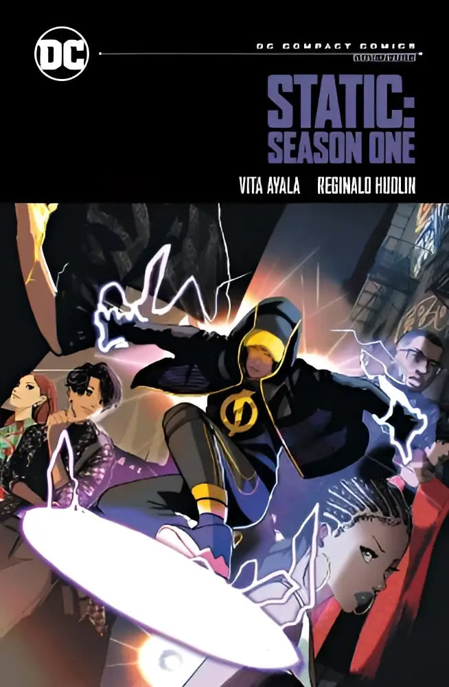 Zwarte en gele compacte comics cover van static season one met dynamische superheld in beweging en bliksemeffecten
