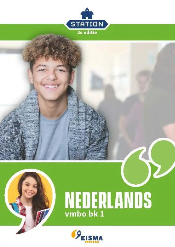 Groen omslag vmbo nederlands leerboek station met lachende jongen met krullend haar en grijze cardigan