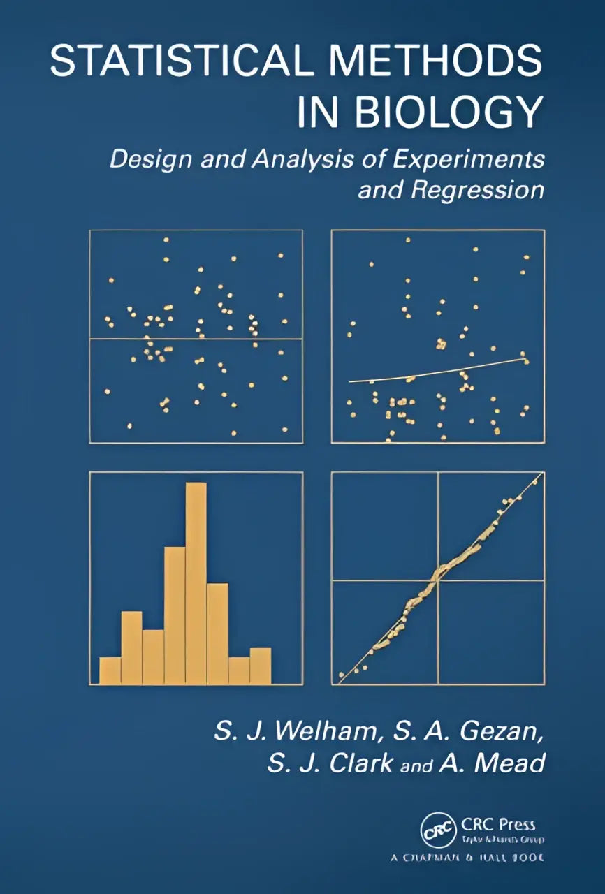 Blauw hardcover boek statistical methods in biology met goudfolie tekst en statistische grafieken over experiments en regression design en analysis