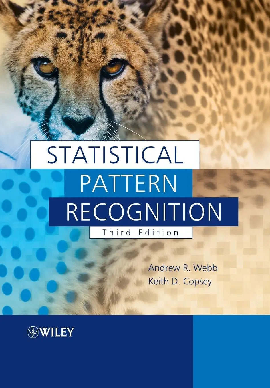 De boekcover van statistical pattern recognition toont een cheetah met gouden ogen achter witte titeltekst op blauwe panelen