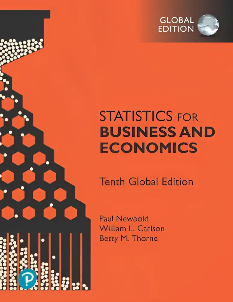Oranje studieboek voor business and economics met zwart geometrisch ontwerp en witte stippen, tiende editie van newbold