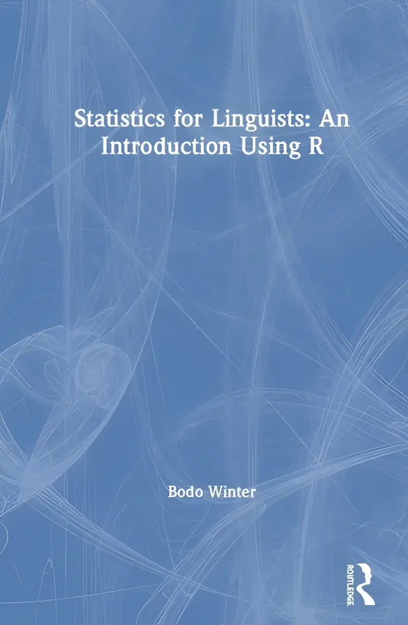 Blauw boekomslag met abstract wit lijnkunstontwerp voor statistics for linguists door bodo winter using r