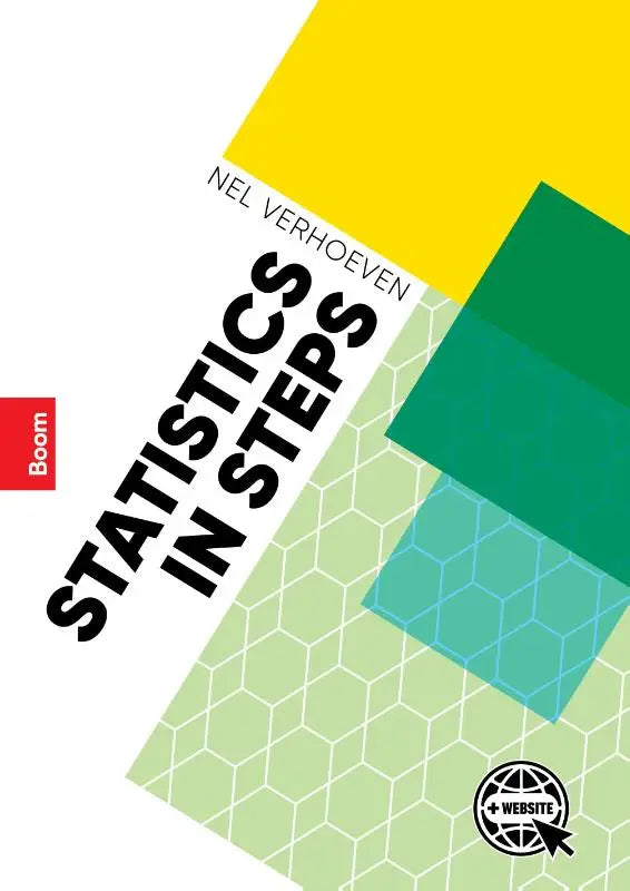De boekcover van statistics in steps door nel verhoeven toont een modern geometrisch ontwerp met gele, groene en teal panelen