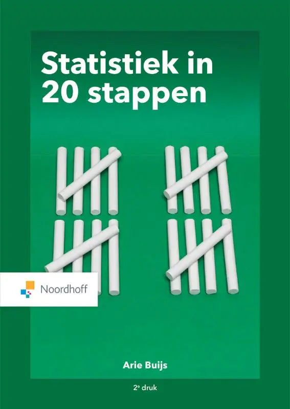 Groene boekcover met witte krijtstokken in telraampatroon getiteld statistiek in 20 stappen door arie buijs