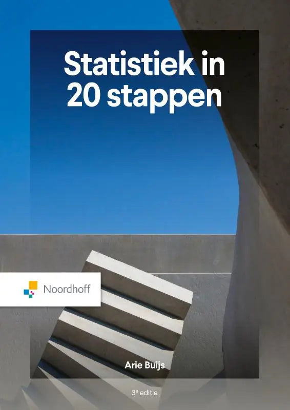 Blauw boek statistiek in 20 stappen met witte tekst en foto van betonnen trappen tegen blauwe lucht, vanaf 01-06-2026