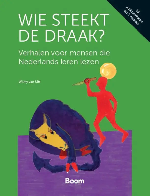 Groen boekcover van wie steekt de draak met rode figuur en blauwe draak voor nederlands leren lezen door boom