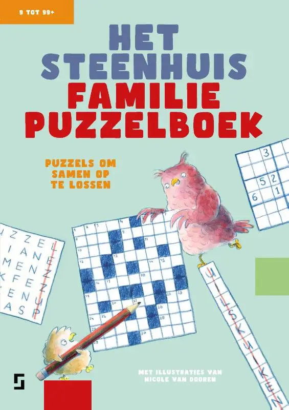 Het steenhuis familiepuzzelboek is een kleurrijk non-fictie kinderboek met cartoonvogels en puzzels van studio steenhuis