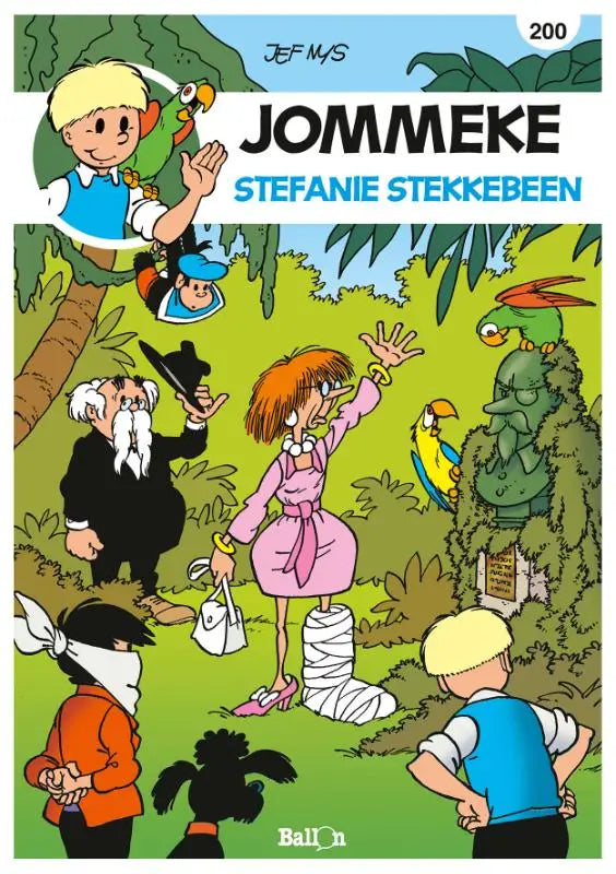 De cover van de jommeke strip stefanie stekkebeen door jef nys toont kleurrijke junglefiguren met papegaaien