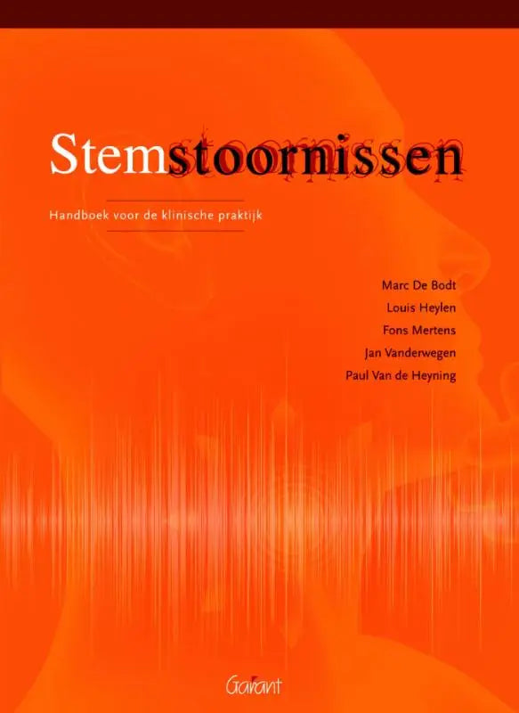 Oranje hardcover medische handleiding stemstoomnissen met zwarte tekst en geluidsgolfontwerp door fons mertens jan vanderwegen louis heylen