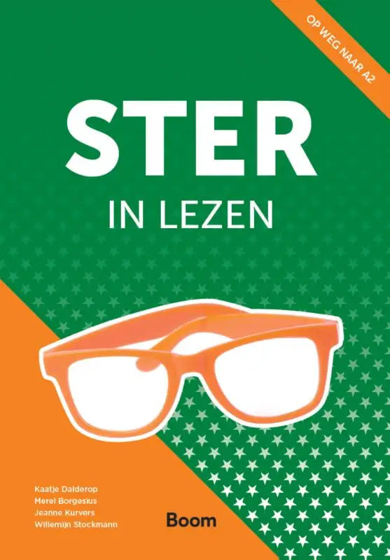 Illustratie van oranje montuurbril met witte glazen op groen en oranje boekomslag ster in lezen op weg naar a2