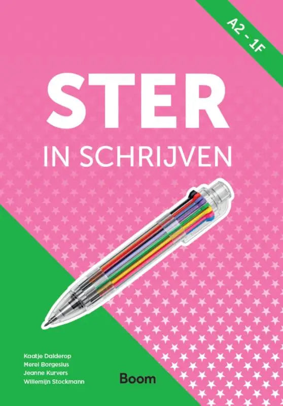 Ster in schrijven transparante regenboogkleurige meerpuntige pen met metalen punt op roze sterpatroon achtergrond