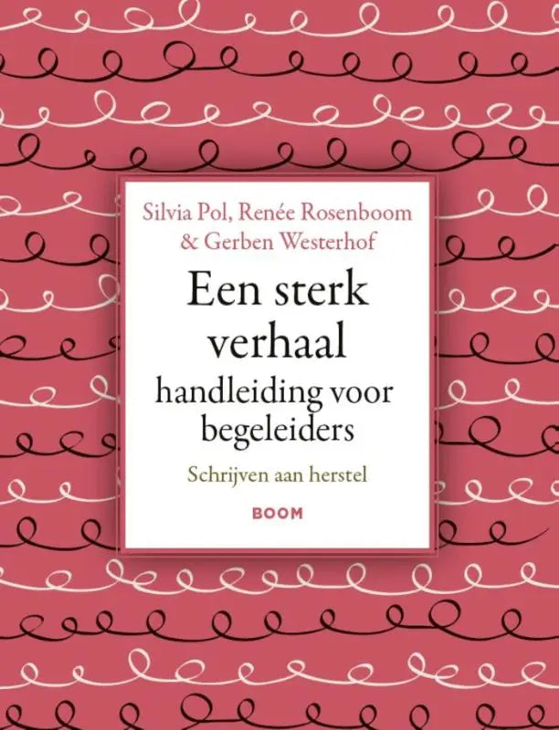 Een sterk verhaal handleiding voor begeleiders met roze kaft en wit paneel met zwarte tekst en golvende lijnen