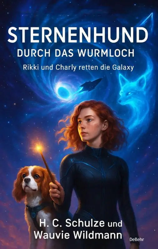 Een jonge vrouw met rood haar in een donkerblauw pak staat naast een hond; rikki und charly retten de galaxy door das wurmloch