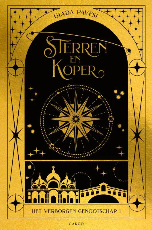 Gouden boekcover sterren en koper door giada pavesi met verborgen genootschap thema en ornamentale boogillustraties