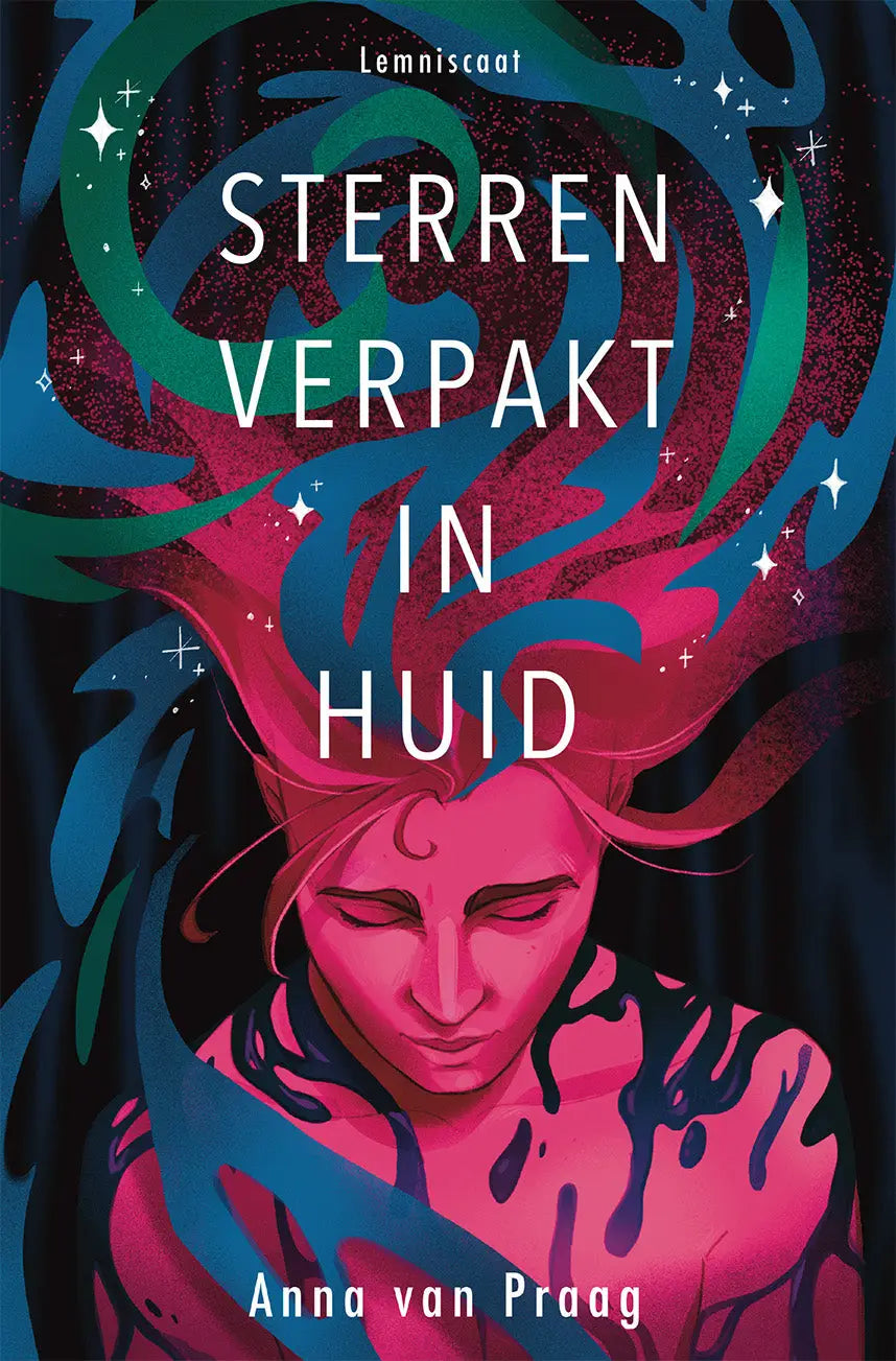 De boekcover van sterren verpakt toont een stijlvolle illustratie van een young adult met roze huid en kleurrijk haar