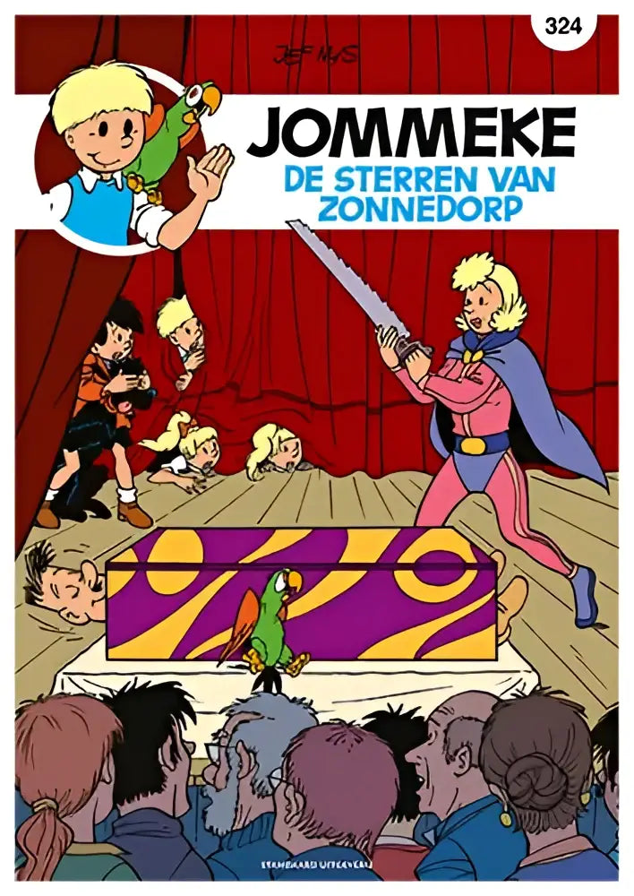De cover van het jommeke comic boek de sterren van zonnedorp toont een levendige illustratie met felle kleuren voor jonge lezers