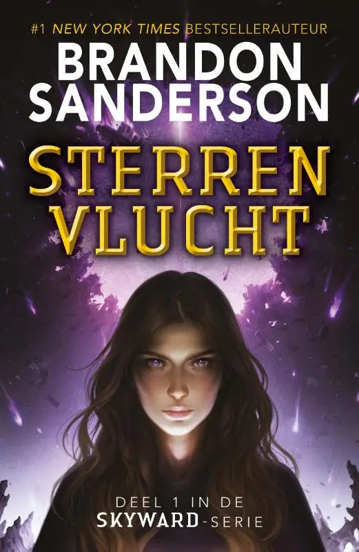 Het boek sterrenvlucht van brandon sanderson toont een vrouw met lange donkere haren tegen een paars kosmisch achtergrond