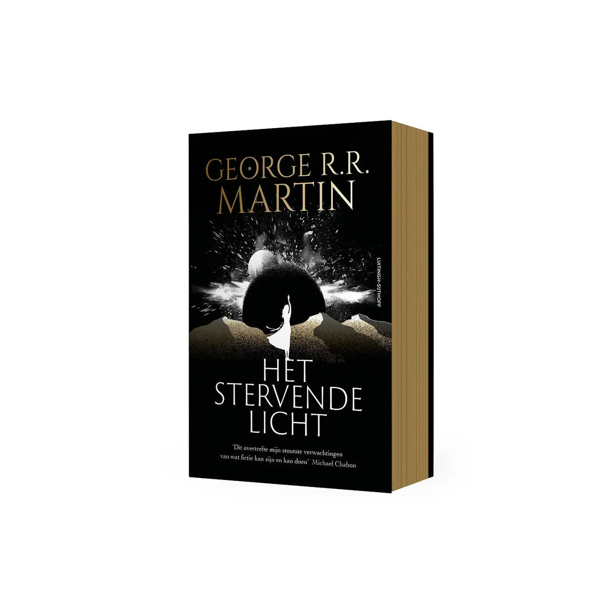 Black hardcover book titled het stervende licht by george r.r. with cosmic silhouette cover published by luitingh sijthoff