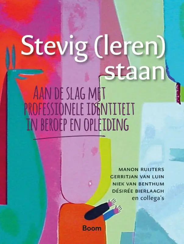Vibrante abstracte illustratie op boekcover met geometrische vormen en menselijke figuren voor professionele identiteit