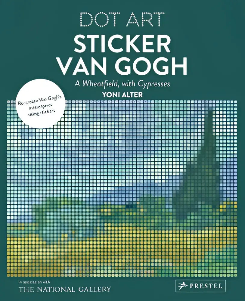 Dot art sticker set van gogh wheatfield with cypresses met kleurrijke stippenmosaic in heldere kleuren