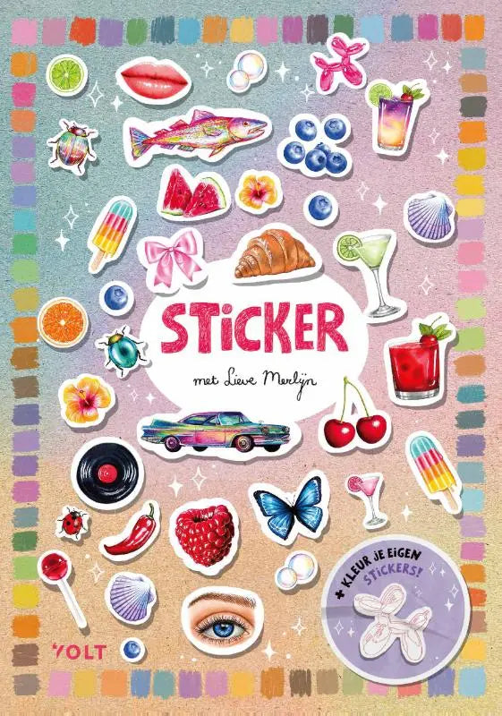 Kleurvolle stickerboek met lieve merlijn met vibrante illustraties van eten, drinken, dieren en objecten op pastel achtergrond