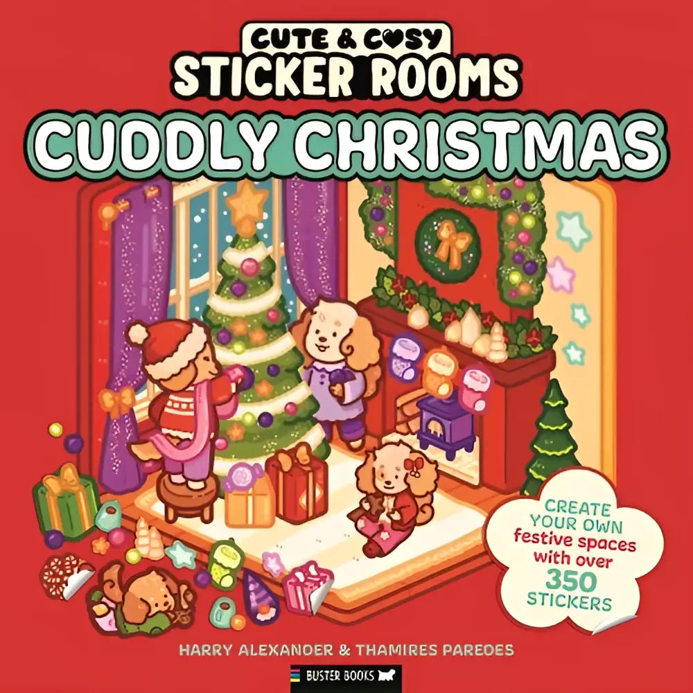 Sticker rooms cuddly christmas stickerboek met feestelijke cartoon dieren in een kamer met groene kerstboom en cadeaus voor jonge lezers