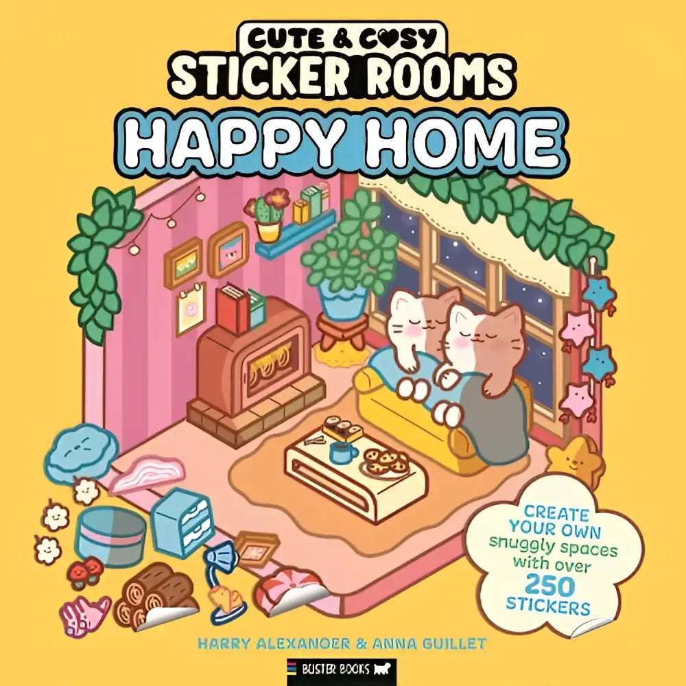 Cute cozy illustrated living room with two cats in sticker rooms happy home featuring plants lights fireplace