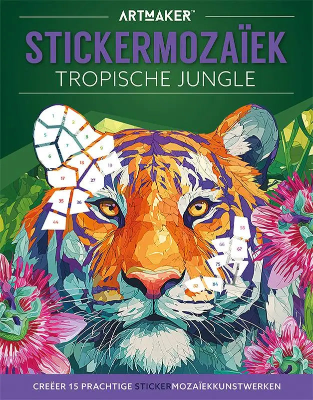 Vibrante oranje en paarse tijgergezicht stickermozaïek met honderden speciaal gevormde stickers in tropische jungle thema