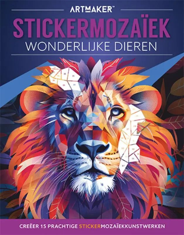 Vibrante geometrische leeuw sticker mozaïek activiteit boek door artmaker met prachtige dierenillustraties wonderlijke dieren