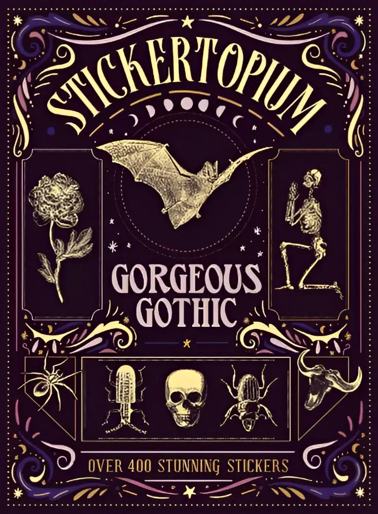 Gothic-themed sticker book stickertopium gorgeous gothic with ornate gold foil designs on deep purple background stunning stickers
