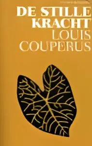 Een zwart bladvormig design met fijne nerfdetails op oranje achtergrond voor de stille kracht roman van louis couperus