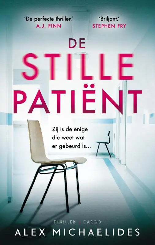 De stille patiënt boekcover met titel in roze letters en minimalistisch ontwerp met twee stoelen in een ziekenhuisgang