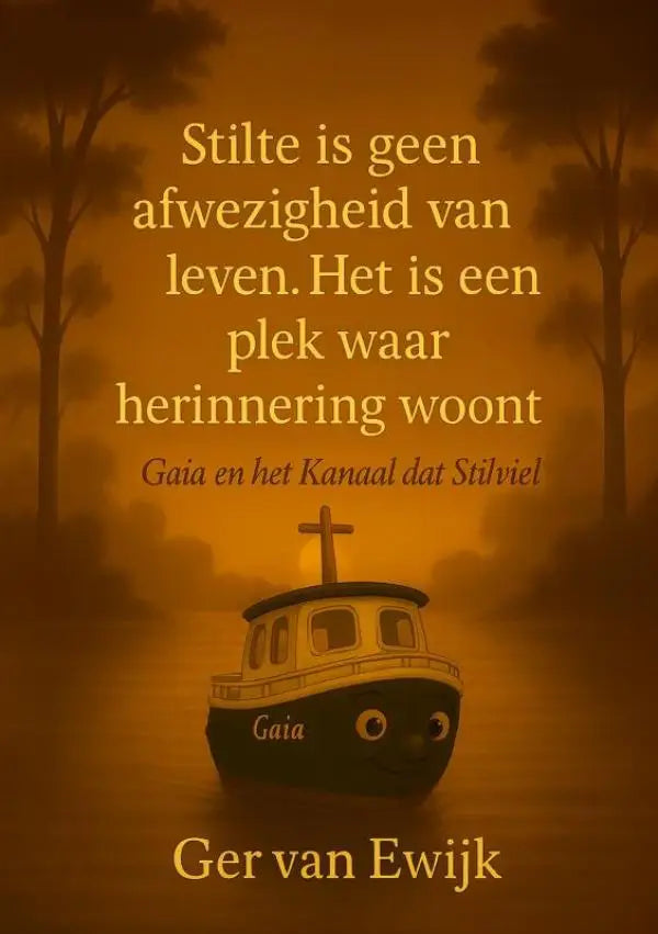 Cartoonstijl boot met kruis op dak en grote ogen in donkerblauw en crème in stiltepresentatie waar herinnering woont