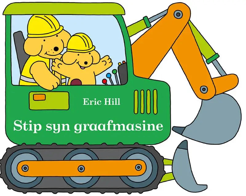 Groene en oranje stip syn graafmasine met twee gele puppyfiguren in de cabine met veiligheidshulpmiddelen