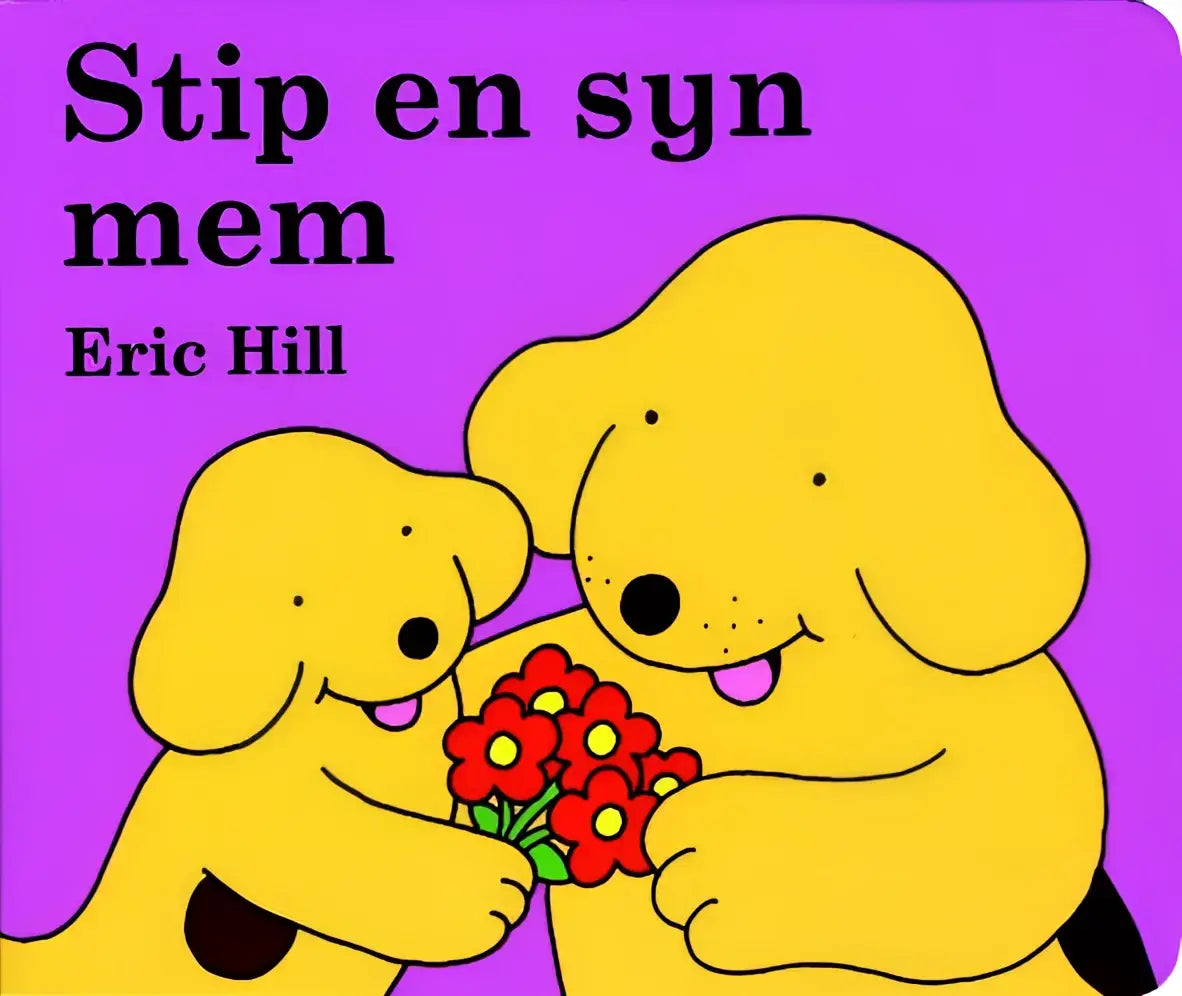 Gele cartoonhonden houden een boeket rode bloemen vast tegen paarse achtergrond voor stip en syn mem jonge lezers