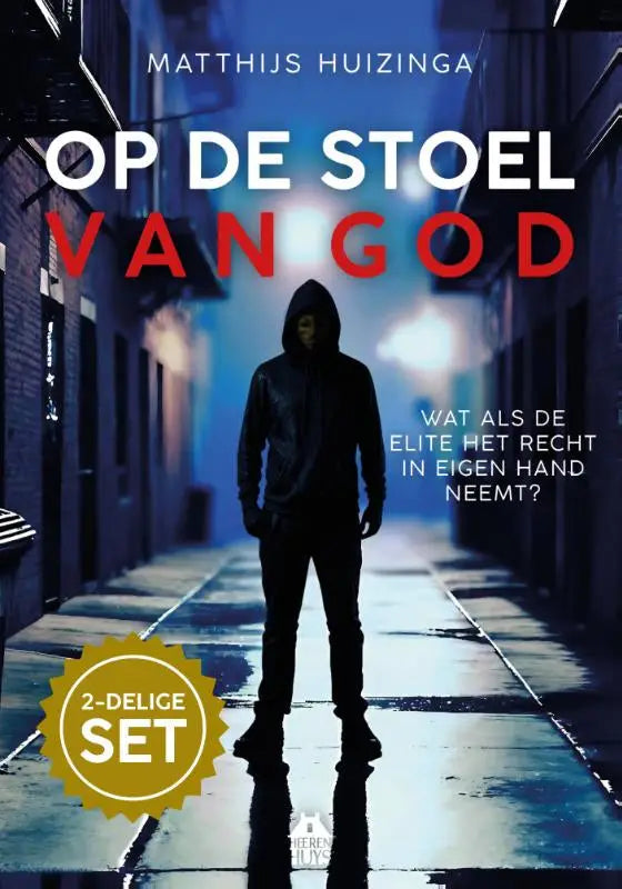 Donkere gemaskerde figuur in zwart met reflecterende laarzen in een steeg bij wraak gegijzeld van matthijs huizinga en linda watts