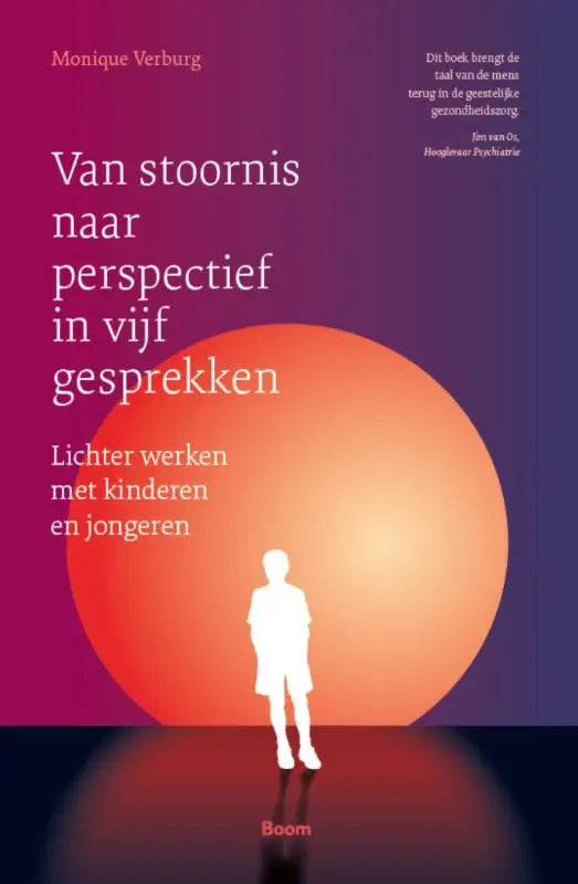 Het boek van jeugdpsychiater monique verburg toont een wit kindprofiel voor een oranje zon op paars voor vijf gesprekken