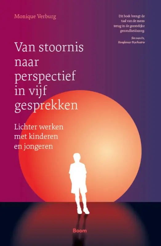 De boekcover van van stoornis naar perspectief toont een witte kind silhouet voor een oranje zon bij een paarse achtergrond, lichter werken in vijf gesprekken voor jonge lezers