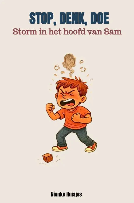 Een geïllustreerde cartoon jongen met rood haar in een woedende houding uit stop denk doe storm in het hoofd van sam voor jonge lezers