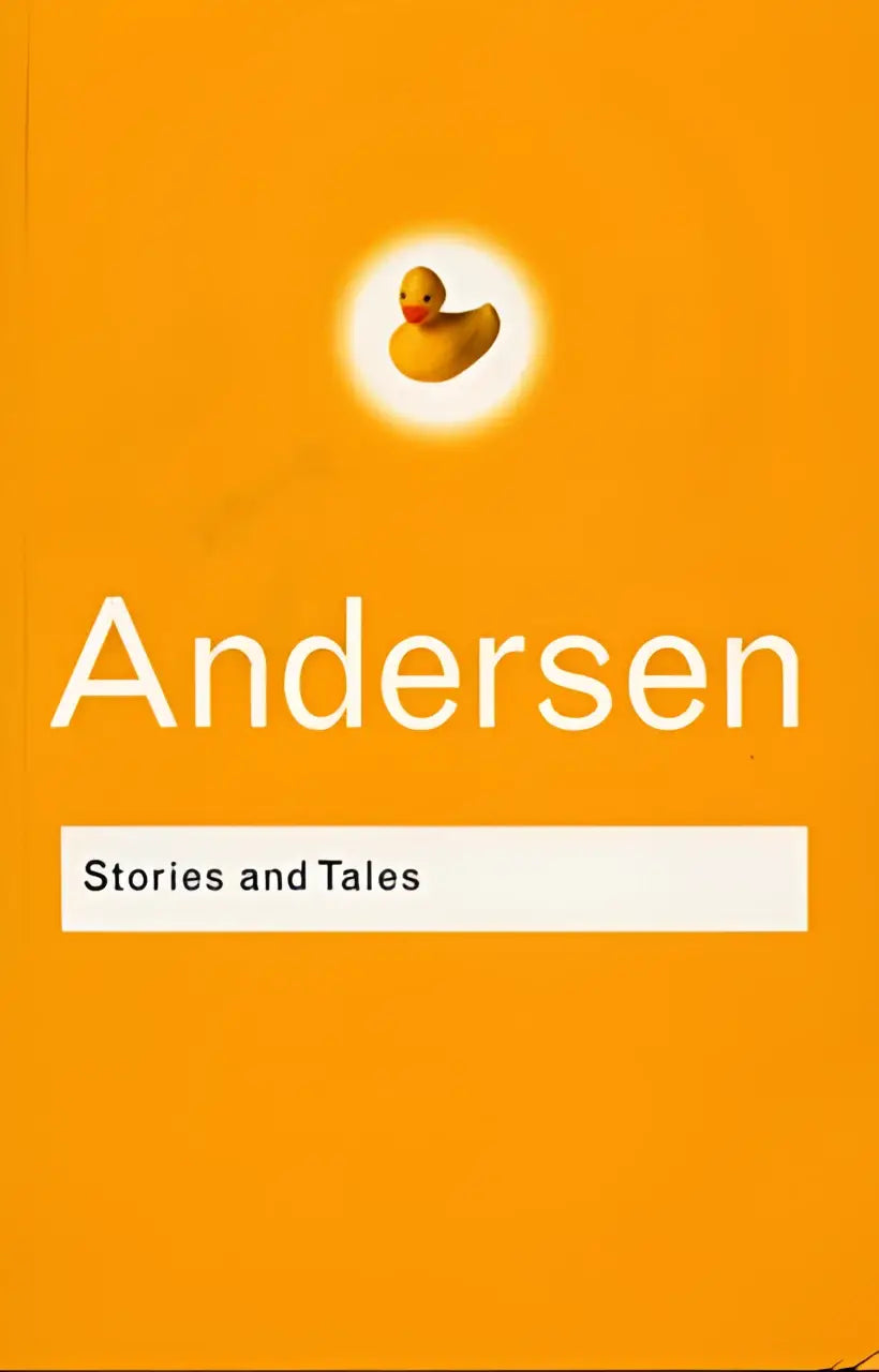 Oranje boekcover van andersen verhalen en sprookjes met een gele rubberen eend illustratie centraal boven de tekst