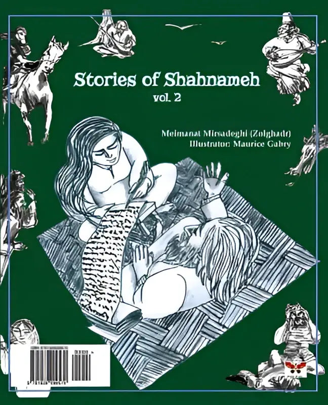 Groene boekomslag met zwart-wit illustraties uit de shahnameh voor stories of shahnameh vol 2 persian farsi edition