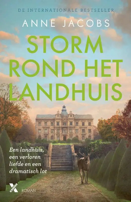 Boekcover storm rond het landhuis met een groot lichtbeige stenen landhuis en centrale trap naar de ingang